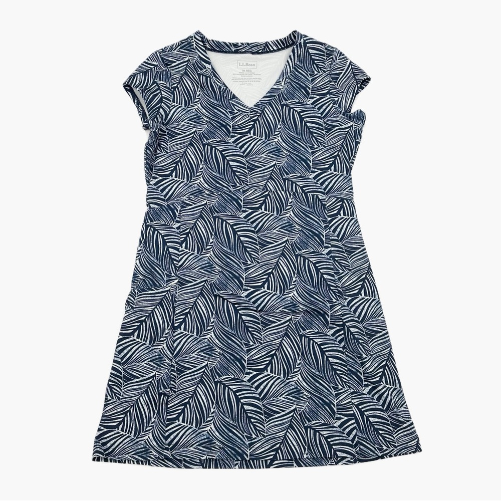 L.L. Bean V Neck Knit Dress Navy White Leaf Print Medium - Picture 3 of 10